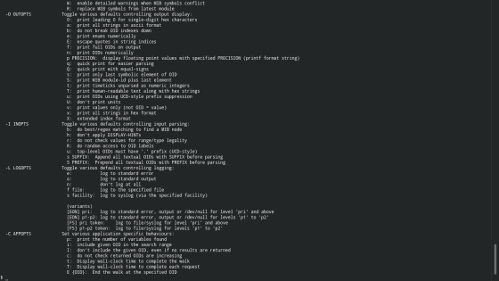 -O OUTOPTS 0: W: enable detailed warnings when MIB symbols conflict R: replace MIB symbols from latest module Toggle various