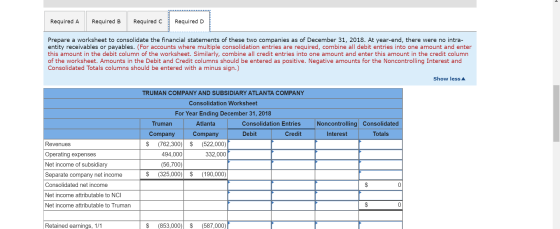 Required A Required B Required c Required D Prepare a worksheet to consolidate the financial statements of these two companie