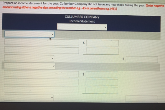 Prepare an income statement for the year. Cullumber Company did not issue any new stock during the year. (Enter negative amou
