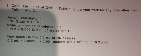 1. Calculate moles of ONP in Table 1. Show your work for any tube other than Tube 1 and 2. Sample calculations: ONP Stock = 1