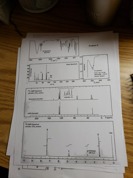 Problem 9 IR Spectrum (kuid im) 0.0 800 1600 1200 2000 V (cm) 3000 4000 Mass Spectrum 0.5F 100 80 60 UV spectrum 1,0 77 107 5