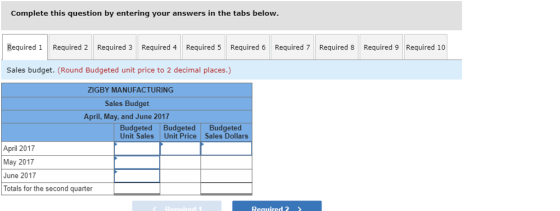 Complete this question by entering your answers in the tabs below Required 1 Required 2 Required 3 Required 4 Required 5 Required 6 Required 7 Required 8 Required 9 Required 10 Sales budget. (Round Budgeted unit price to 2 decimal places.) ZIGBY MANUFACTURING Sales Budget April, May, and June 2017 Budgeted Budgeted Budgeted Unit Sales Unit PriceSales Dollars April 2017 May 2017 June 2017 Totals for the second quarter