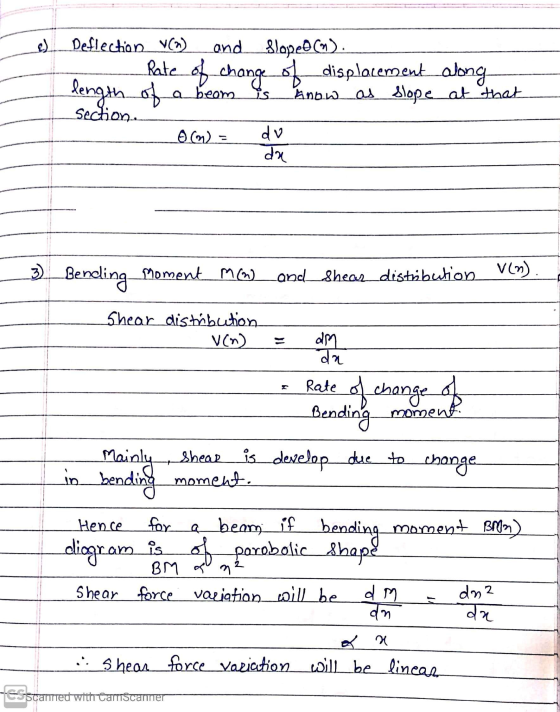 e) Deflection V) and Blopedcm). Rate of change of displacement along length of a beam at as slope at that section. du da is A