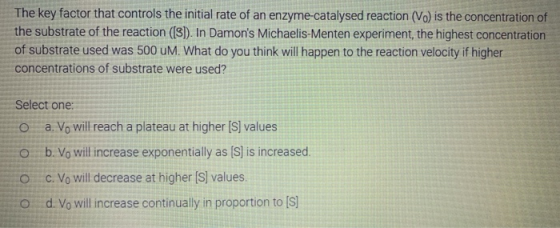 The key factor that controls the initial rate of an enzyme catalysed reaction (Vo) is the concentration of the substrate of t