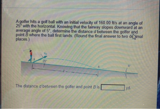 A golfer hits a golf ball with an initial velocity of 160.00 ft/s at an angle of 250 with the horizontal. Knowing that the fa