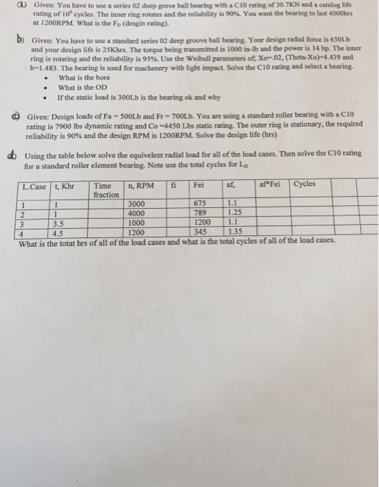 ) Given: You have to use a series 02 deep grove ball bearing with a C10 rating of 30.7KN and a catalog life rating of 106 cycles. The inner ring rotates and the reliability is 90%. You want the bearing to last 4000hrs at 1200RPM. What is the Fo (desgin rating). Given: You have to use a standard series 02 deep groove ball bearing. Your design radial force is 650Lb and your design life is 25Khrs. The torque being transmitted is 1000 in-lb and the power is 14 hp. The inner ring is rotating and the reliability is 95%. Use the weibull parameters of Xo-02, (Theta-X0-4439 and b-1.483. The bearing is used for machenery with light impact. Solve the C10 rating and select a bearing. D) What is the bore What is the OD .If the static load is 300Lb is the bearing ok and why C) Given: Design loads of Fa = 500lb and Fr = 700th You are using a standard roller bearing with a C10 rating is 7900 lbs dynamic rating and Co -4450 Lbs static rating. The outer ring is stationary, the required Using the table below solve the equivelent radial load for all of the load cases. Then solve the C1O rating Fei reliability is 90% and the design RPM is 1200RPM. Solve the design life (hrs) d for a standard roller element bearing. Note use the total cycles for Lo L.Case , Khr Time, RPM af Fei Cycles af, fraction 675 1.1 1.25 3000 4000 1000 1200 2 789 1200 1.1 3.5 4.5 345135 What is the totat hrs of all of the load cases and what is the total cycles of all of the load cases.