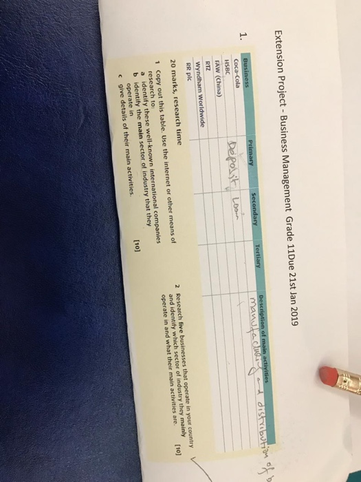 Extension Project - Business Management Grade 11Due 21st Jan 2019 1. Business Primary HSBC FAW (China) RTZ RR plc 20 marks, research time 1 Copy out this table. Use the internet or other means of 2 Research five businesses that operate in your country research to: a identify these well-known international companies b identify the main sector of industry that they and identify which sector of industry they mainly operate in and what their main activities are. [10] operate in give details of their main activities. (10] c