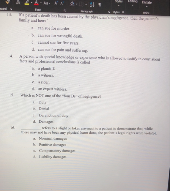 A L-AAa- AA -2T Editing Dictate Styles Doard Font Paragraph &Styles Voice If a patients death has been caused by the physici