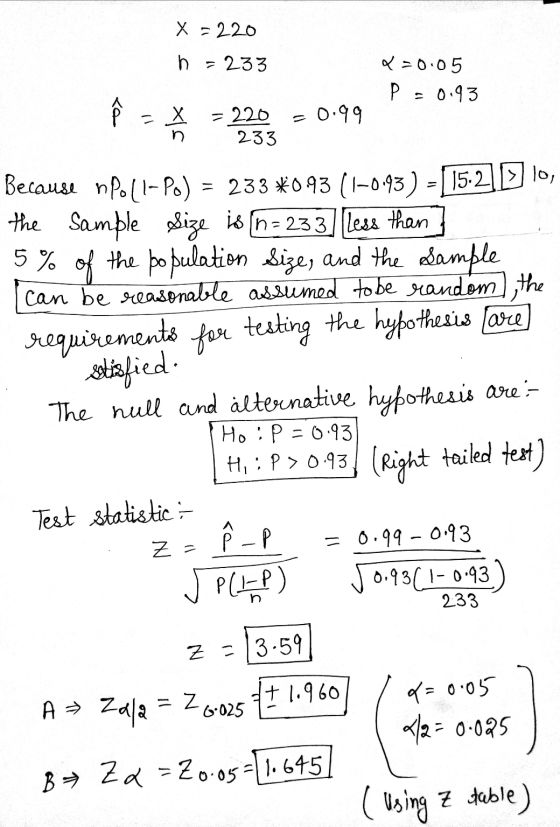 X = 220 n = 233 g=0:05 P=0.93 =X 0.99 = 220 233 Because npoll-Po) = 233 *093 (1-0.93) = 15.211] 10, the sample size is (n=233