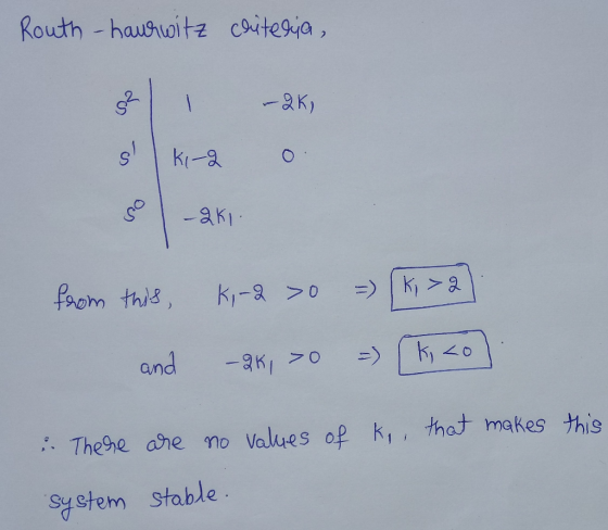 Routh - haurwitz criteria, 32 - - QK, s! Ki-2 no 닌 from this, Ki-2 > 0 Ki > 2 and ko -QK, >0 -) . There are no values of ko,