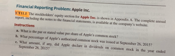 Financial Reporting Problem: Apple Inc. CT11.1 The stockholders equity section for Apple Inc. is shown in Appendix A. The co