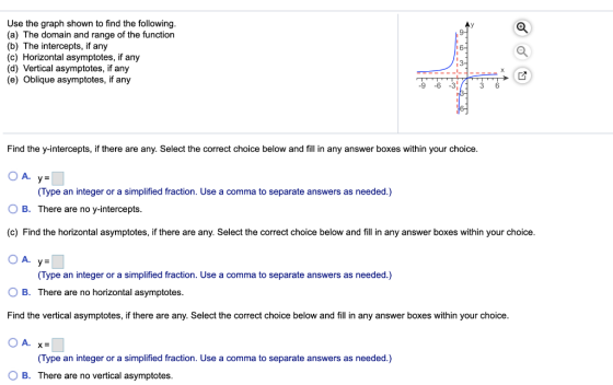 Use the graph shown to find the following. (a) The domain and range of the function (b) The intercepts, if any (c) Horizontal