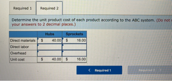Required 1 Required 2 Determine the unit product cost of each product according to the ABC system. (Do not your answers to 2