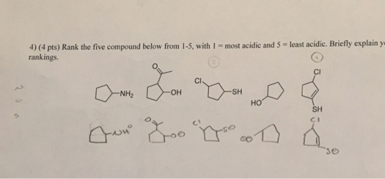 4) (4 pts) Rank the five compound below from 1-5, with 1 = most acidic and 5 = least acidic. Briefly explain y rankings Cl Cl NH2 OH SH HO SH CI OH so co