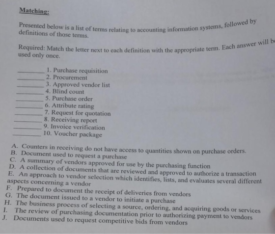 Matching: Presented below is a list of terms relating to accountin definitions of those terms. formation systems, followed by