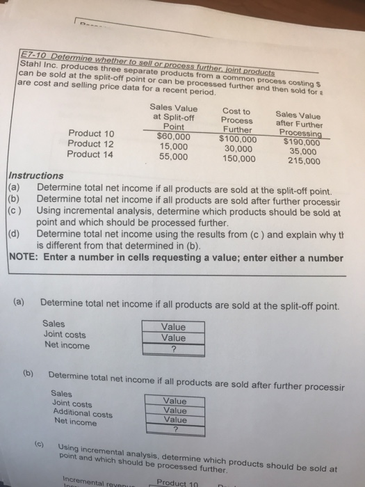 n Stahl Inc. produces three separate products from a common process costing $ can be sold at the split-off point or can be pr