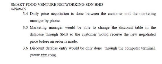 SMART FOOD VENTURE NETWORKING SDN BHD 4-Nov-09 3.4 Daily price negotiation is done between the customer and the marketing man