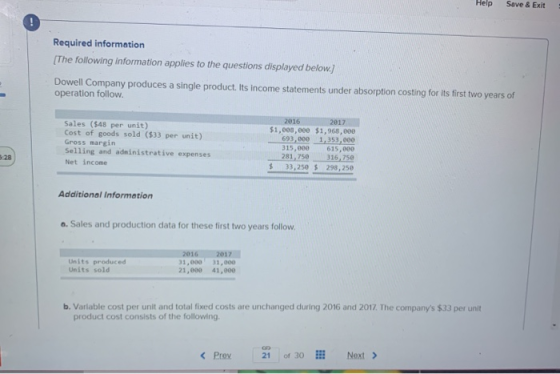 Help Save & Exit Required information [The following information applies to the questions displayed below.] Dowell Company pr