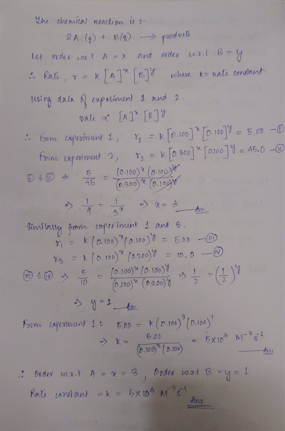 The chemical neaction is o n 2 A. (g) + Bla) products Let order wort A = x and order w.st Boy i. Rate, r = K[A] [B]y where k=
