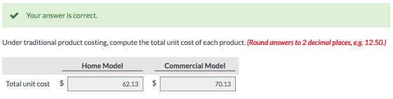 ✓ Your answer is correct. Under traditional product costing, compute the total unit cost of each product. (Round answers to 2
