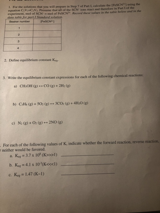 1. For the solutions that you will prepare in Step 7 of Part I, calculate the [FeSCN) using the equation CVC V2. Presume that