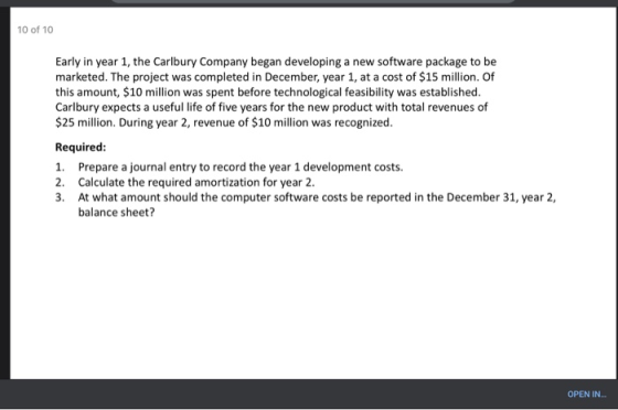 10 of 10 Early in year 1, the Carlbury Company began developing a new software package to be marketed. The project was comple