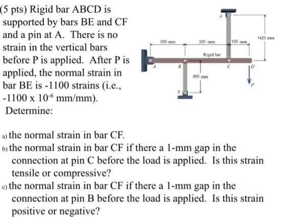 (5 pts) Rigid bar ABCD is supported by bars BE and CF and a pin at A. There is no strain in the vertical bars before P is applied. After P is applied, the normal strain in bar BE is -1100 strains (i.e., -1100 x 10-6 mm/mm) Determine: 1425 mm 200 mm 320 mm 100 mm Rigid bar 860 mm a) the normal strain in bar CF. b) the normal strain in bar CF if there a 1-mm gap in the connection at pin C before the load is applied. Is this strain tensile or compressive? o) the normal strain in bar CF if there a 1-mm gap in the connection at pin B before the load is applied. Is this strain positive or negative?