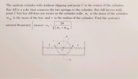 The uniform cylinder rolls without slipping and point C is the center of the cylinder springs to the cylinder. Bar AB moves w