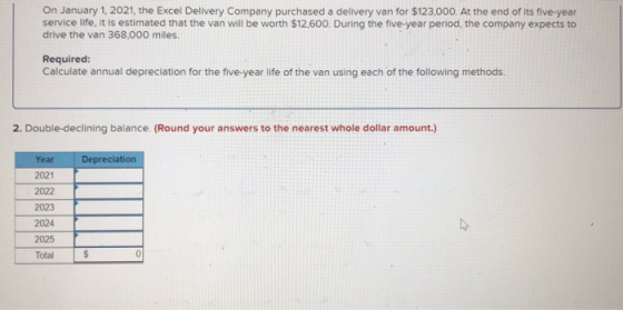 On January 1, 2021, the Excel Delivery Company purchased a delivery van for $123,000. At the end of its five-year service lif
