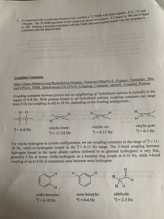 compound with a molecular formula C Hus exhibits a C NMR with three signals: 0 21,1 and 38 ppm. The H NMR spectrum of this c