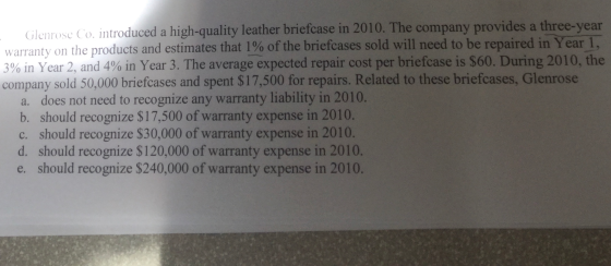 Glenrose Co. introduced a high-quality leather briefcase in 2010. The company provides a three-year warranty on the products