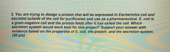 2. You are trying to design a protein that will be expressed in Escherichia coli and secreted outside of the cell for purific
