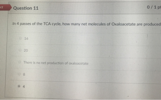 0 1 pt ct Question 11 in 4 passes of the TCA cycle, how many net molecules of Oxaloacetate are produced 16 20 There is no net