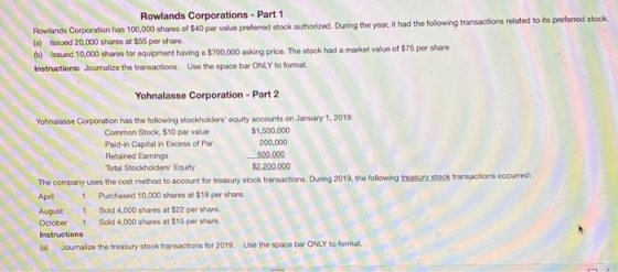 Rowlands Corporations - Part 1 Rowlands Corporation has 100,000 shares of $40 par value preferred stock authorized. During th