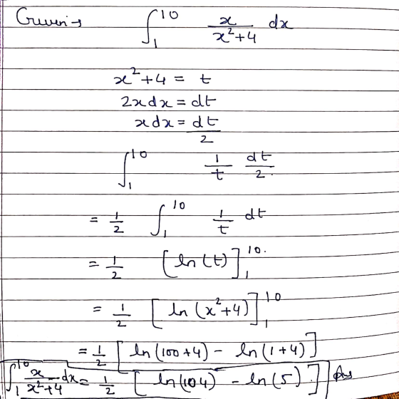Grevens TE a da x²+4 2+4 = t zada=dt ada=dt 2 to dt To o tdt t 2 10. - 1 2 2 [hch] + [ dar (x²+4)] en (100 +4) – In (1+4)] =1