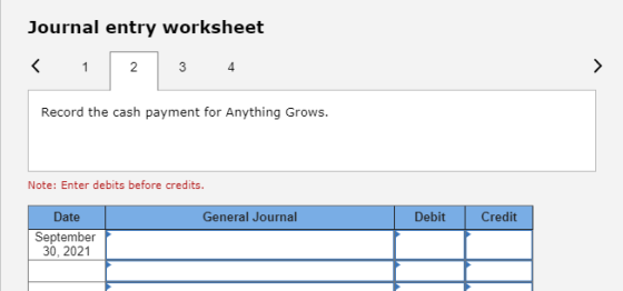 Journal entry worksheet < 1 2 3 4 Record the cash payment for Anything Grows. Note: Enter debits before credits. General Jour