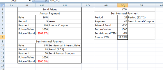 AU8 AK AO AS x =AU/2 AL AM AN AN Bond Prices Annual Payment Rate 16% Period 9 Years Payment 140 Annual Coupon Future Value 10