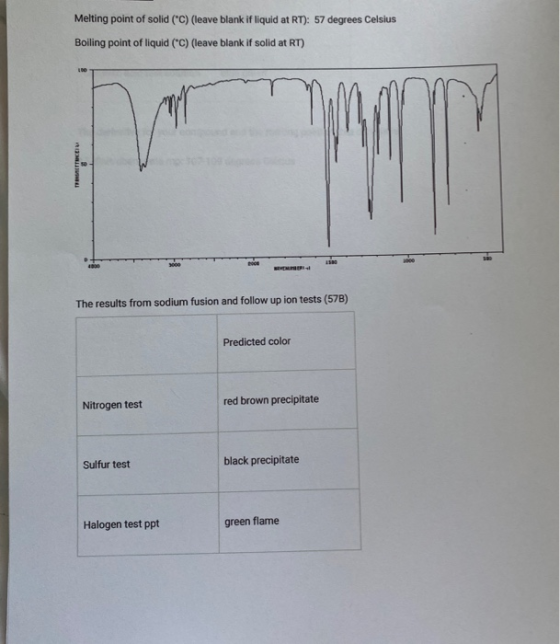Melting point of solid (C) (leave blank if liquid at RT): 57 degrees Celsius Boiling point of liquid (C) (leave blank if sol