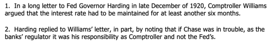 1. In a long letter to Fed Governor Harding in late December of 1920, Comptroller Williams argued that the interest rate had
