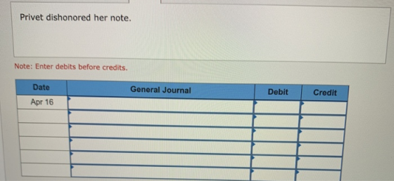 Privet dishonored her note. Note: Enter debits before credits. Date General Journal Debit Credit Apr 16