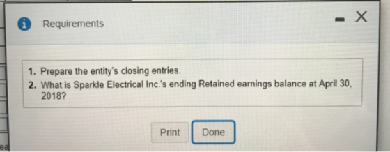 0 Requirements 1. Prepare the entitys closing entries. 2. What is Sparkle Electrical Inc.s ending Retained earnings balance