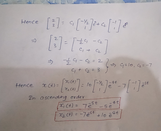 Hence C [3] [***]8+42[] 31-12 =) 29 -C2 ct C2 >> - 1 G - 2=2 at = 3 - 9=10, C2 = -7 (CM)=10 [*]***--[;)]* x, (4) Hence X(t)=