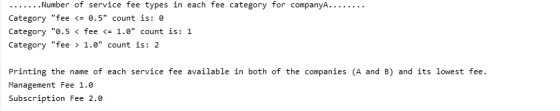 .......Number of service fee types in each fee category for companyA.... Category fee <= 0.5 count is: 0 Category 0.5 < fe