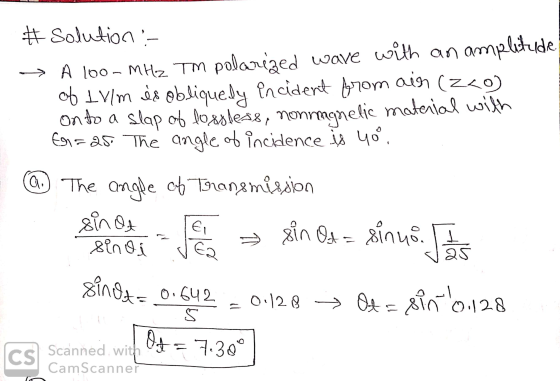 # Solution :- A 100-MHz TM polarized wave with an amplitude of 11/m dis obliquely incident from ain (zzo) onto a slap of loss