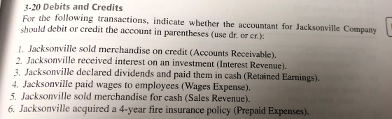 3-20 Debits and Credits For the following transactions, indicate whether the accountant for Jacksonville Company should debit