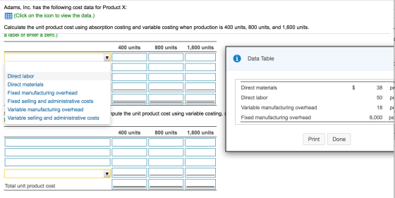 Adams, Inc. has the following cost data for Product X: (Click on the icon to view the data.) Calculate the unit product cost