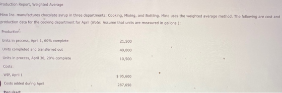 Production Report, Weighted Average Mino Inc. manufactures chocolate syrup in three departments: Cooking, Mixing, and Bottlin
