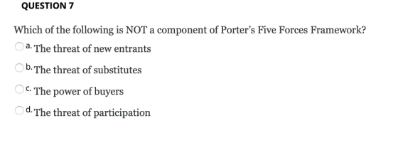 QUESTION 7 Which of the following is NOT a component of Porters Five Forces Framework? a. The threat of new entrants b. The threat of substitutes .The power of buyers d. The threat of participation