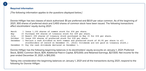 Required information [The following information applies to the questions displayed below.] Donnie Hilfiger has two classes of