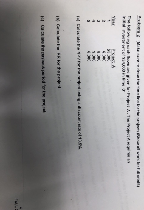 Problem 2 (Make sure to draw the time line for the project) (Show all work for full credit) The following cash flows are give